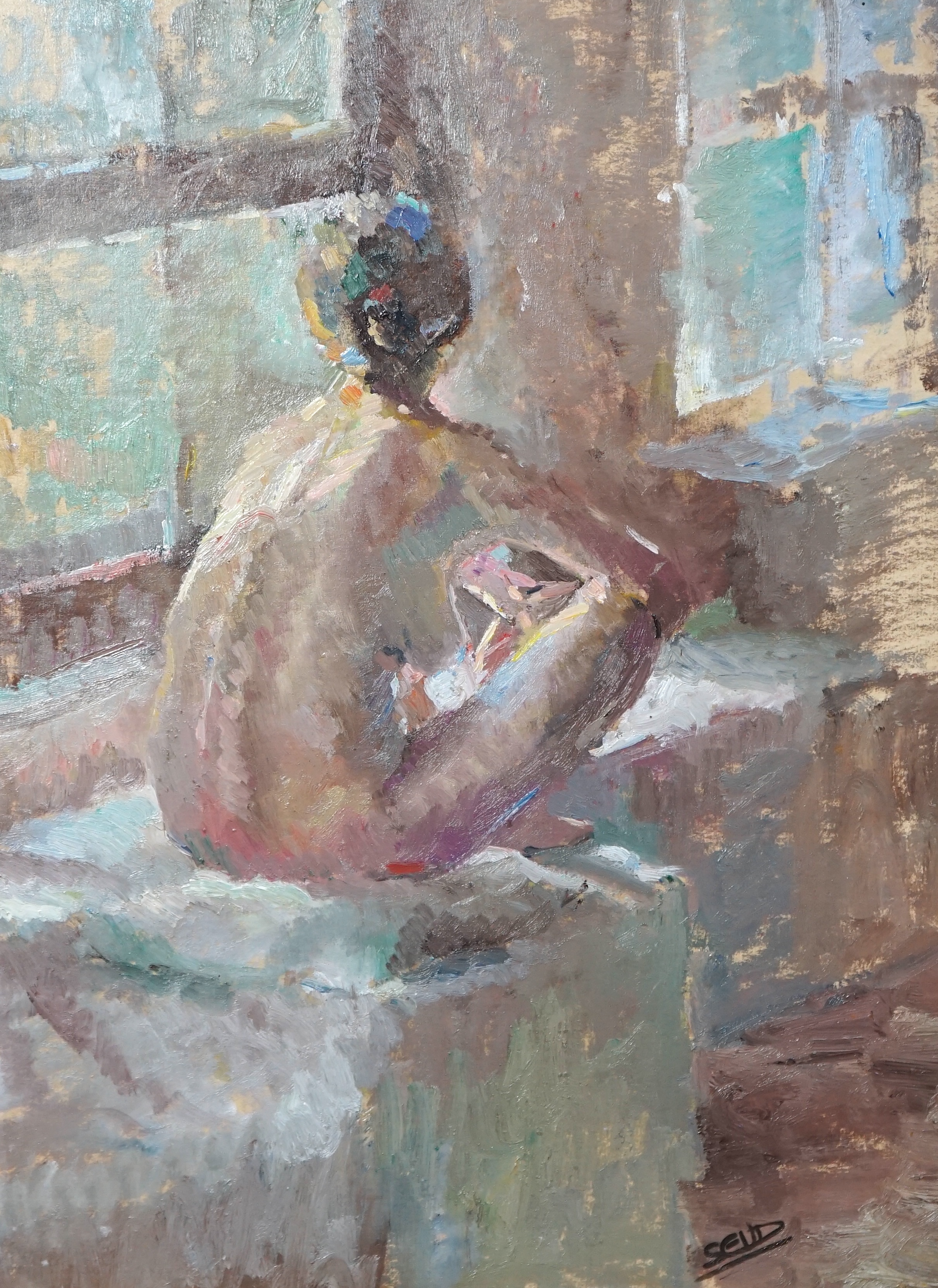 Sherree Valentine-Daines (1956-), Female nude seated in a bedroom, oil on card, 46 x 33cm